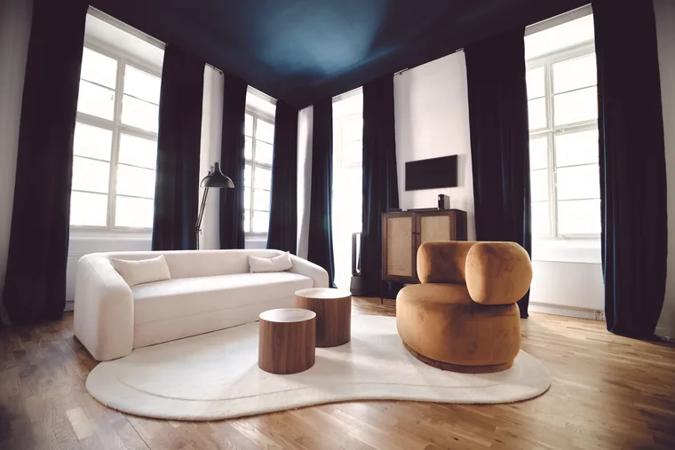 Living room with curved sofa and ochre armchair